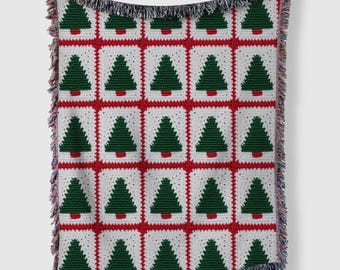 Manta navideña con diseño de árbol de Navidad, manta tejida de patchwork con cuadrados de abuela, decoración navideña tradicional para sala de estar, manta navideña retro.