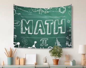 May include: Green chalkboard tapestry with white chalk drawings of math equations and the word "MATH" in large letters.