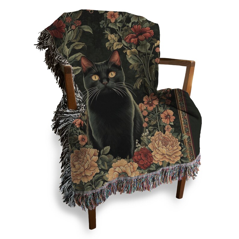 Svart kattfilt, vävd pläd, kattälskarepresent, botanisk kattgobeläng, kattpläd, husdjursfilt för kattälskare, kattmamma, julkatt bild 8