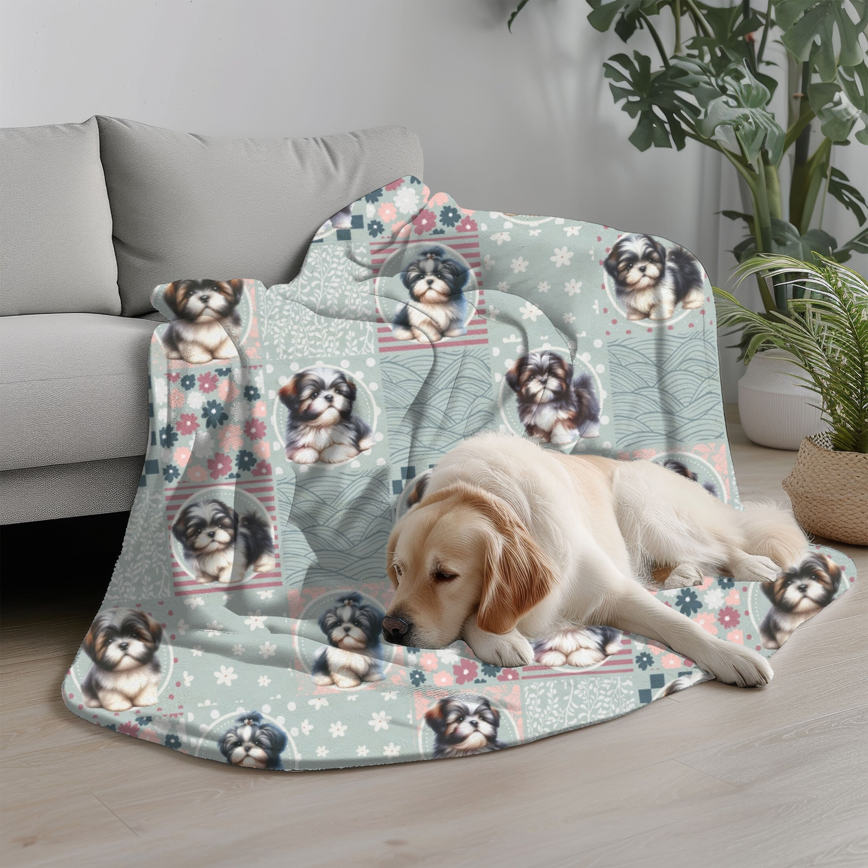 シーズー愛好家へのシーズーギフト フェイクパッチワーク 春の花が描か