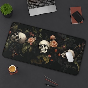 Dark Cottagecore Desk Mat, Floral Skeleton Mouse Pad, Dark Academia Mousepad, Macabre Deskmat, Gothic Deskpad, Extra Large Mousemat, Skull image 3