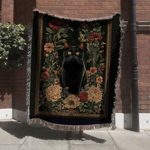 Svart kattfilt, vävd pläd, kattälskarepresent, botanisk kattgobeläng, kattpläd, husdjursfilt för kattälskare, kattmamma, julkatt bild 2