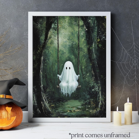 Cute Ghost on Swing in Green Forest Art, Ghost Poster, Vintage