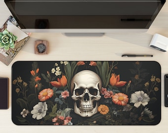 Dark Cottagecore Desk Mat, Floral Skeleton Mouse Pad, Dark Academia Mousepad, Macabre Deskmat, Gothic Deskpad, Extra Large Mousemat, Skull