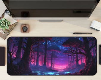 May include: A purple and blue fantasy forest scene with glowing lights and a river in the foreground. This design is printed on a black mouse mat.