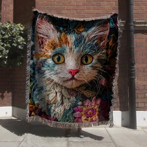 Cat Blanket, Woven Throw Blanket, Cat Lover Gift, Crochet Cat Tapestry, Cat Gift, Pet Blanket for Cat Lover, Cat Mom, Cat Crochet Art