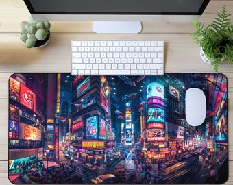 May include: A rectangular desk mat featuring a vibrant, detailed illustration of a futuristic cityscape at night. The design showcases neon lights, tall buildings, and bustling streets, with a computer keyboard and mouse on top.