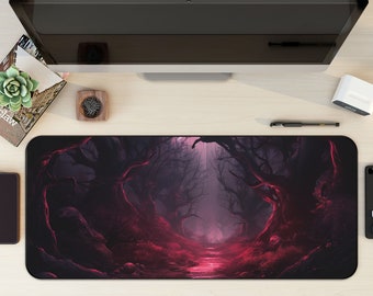 Dark Enchanted Gloomy Forest Desk Mat, Dark Woodland Mousepad, Gothic Desk Pad, Pink Green Aesthetic Mouse Pad, Witchy Desk Pad, Whimsical