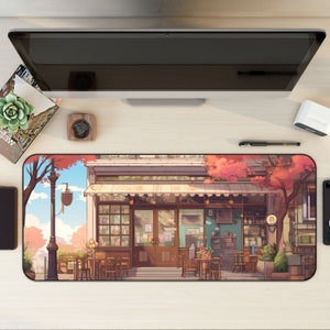 Nostalgische friedliche Kaffeestube, süße Kawaii Schreibtisch-Dekor, Jugendstil inspirierte Schreibtischmatte, großes Mauspad, langes Mauspad, Anime Schreibtischunterlage
