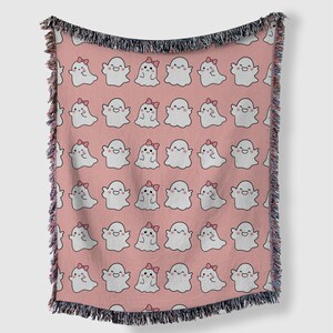 Pink Ghosts Blanket, Cute Kawaii Ghosts, Woven Pastel Goth Tapestry