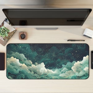 Cottagecore Desk Mat with Turbulent Waves and Clouds, Cute Anime Mousepad and Desk Accessories, Green Desk Mat Aesthetic, Large Mousepad