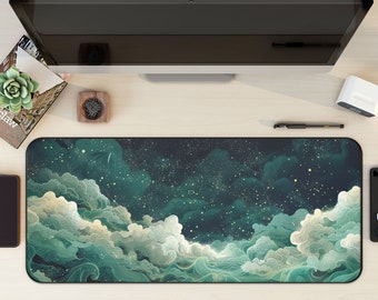 May include: A green and black mousepad with a starry night sky and white clouds design.