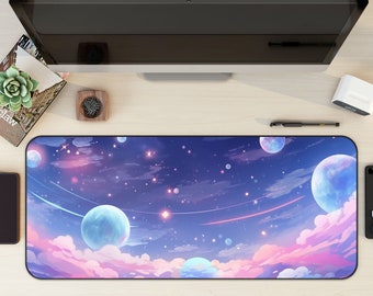 Pastel Anime Space Desk Mat, Cute Aesthetic Stars and Galaxies, Nebula View, Deep Dark Blue Cosmos Mouse Pad, Office Top Seller, XL Desk Mat