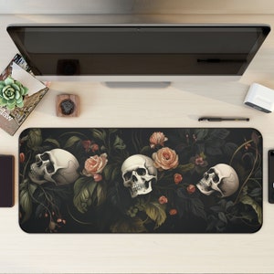 Dark Cottagecore Desk Mat, Floral Skeleton Mouse Pad, Dark Academia Mousepad, Macabre Deskmat, Gothic Deskpad, Extra Large Mousemat, Skull image 1