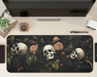 Dark Cottagecore Desk Mat, Floral Skeleton Mouse Pad, Dark Academia Mousepad, Macabre Deskmat, Gothic Deskpad, Extra Large Mousemat, Skull