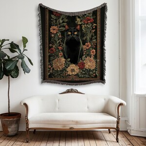 Svart kattfilt, vävd pläd, kattälskarepresent, botanisk kattgobeläng, kattpläd, husdjursfilt för kattälskare, kattmamma, julkatt bild 4
