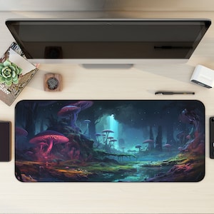 Fungi Forest Gaming Desk Mat, Trippy Mousepad, Cute Mouse Pad, Lofi Desk Mat, Aesthetic Desk Mat, Forest Mousemat, XL XXL Big, Neon Mystic
