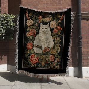 Weiße Katzendecke, gewebte Decke, Katzenliebhaber Geschenk, Langhaarkatze Wandteppich, Katzengeschenk, Haustierdecke für Katzenliebhaber, Katzenmutter, weiß getigert