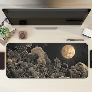 Black And Gold Celestial Desk Mat, Gaming Mouse Pad, Large Deskmat, Kawaii Desk Mat, Keyboard Mouse Mat, Large Deskmat, Deskmat Aesthetic