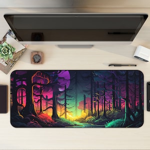 Neon Forest Gaming Desk Mat, Trippy Mousepad, Cute Mouse Pad, Lofi Desk Mat, Neon Aesthetic Desk Mat, Forest Mousemat, XL XXL Big, Anime Mat