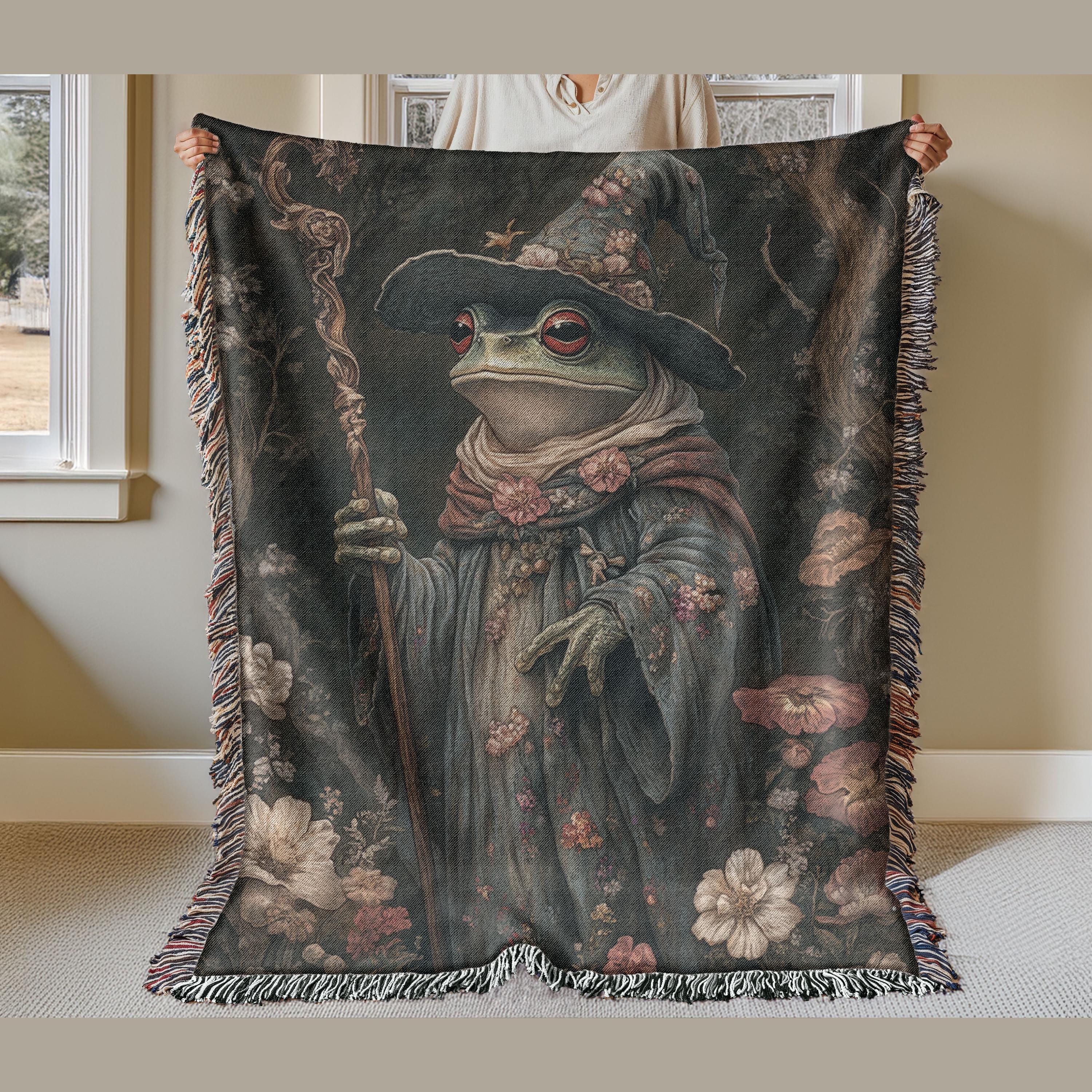 Wizard Frog Woven Blanket, Witchy Goblincore Throw Blanket, Woven