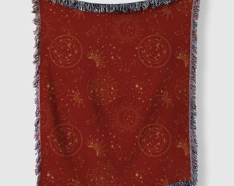 Celestial Woven Blanket, Gold & Red Woven Throw Blanket, 100% Cotton Tapestry Blanket with Fringe, Moon n Stars Design, Cozy Home Decor