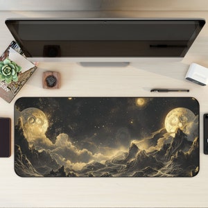 Black And Gold Celestial Desk Mat, Gaming Mouse Pad, Large Deskmat, Kawaii Desk Mat, Keyboard Mouse Mat, Large Deskmat, Deskmat Aesthetic