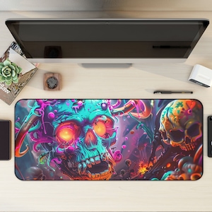 Neon Skull Desk Mat, Psychedelic Office Decor, Cool Monster Desk Pad, Desk Mat Aesthetic, Gaming Setup, XL Mouse pad, Trippy Gift for Gamers