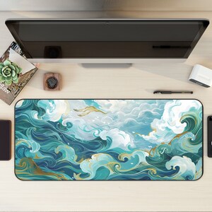 Cottagecore Desk Mat with Turbulent Waves and Clouds, Cute Anime Mousepad and Desk Accessories, Green Desk Mat Aesthetic, Large Mousepad