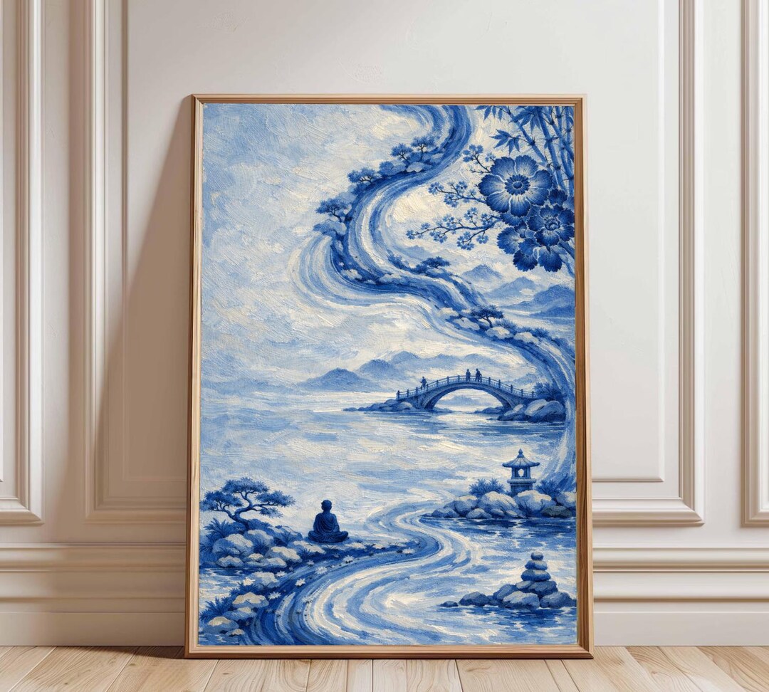 Blue Zen Landscape Wall Art Print, Japandi Decor, Vintage Japanese ...