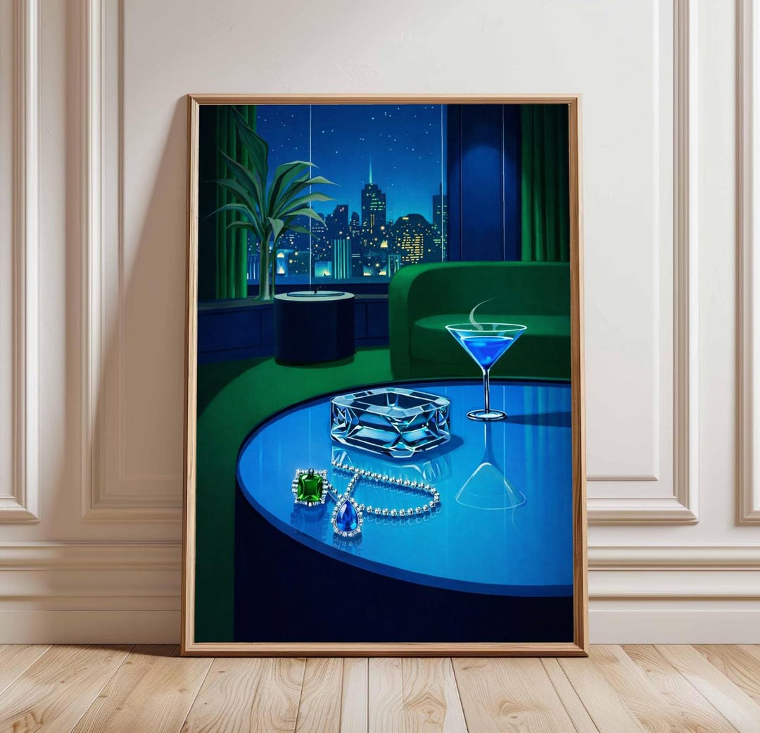 80s Style Retro Vintage City Pop Art Print, Martini & Jewelry