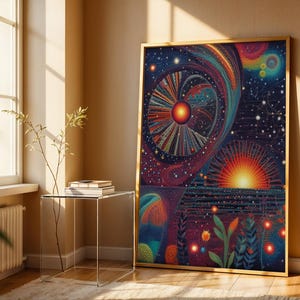 Japanese Textile Wall Art – Cosmic Sun and Moon Tapestry, Galaxy Inspired Fiber Artwork, Boho Celestial Home Decor