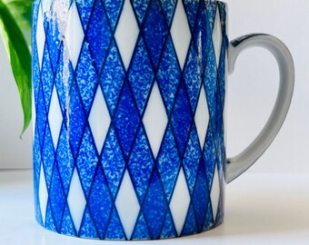 Vintage White Porcelain Blue and White Diamond Pattern Coffee Mug - Geometric Lines, Triangle, Diamond Pattern Blue White Mug