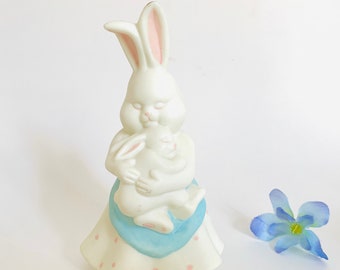 Vintage Meico Bunny Mommy & Baby Figurine - Mommy Rabbit With Polka Dot Dress Holding Baby Bunny - Easter, Nursery, Baby Shower Decor