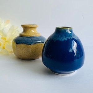 Peut inclure: Deux petits vases en céramique, l'un est bleu avec un glaçage bleu clair et l'autre est beige avec un glaçage bleu.