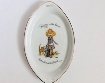 Vintage Holly Hobbie Porcelain Trinket Pin Dish Tray - Happy Is The Home That Welcomes a Friend