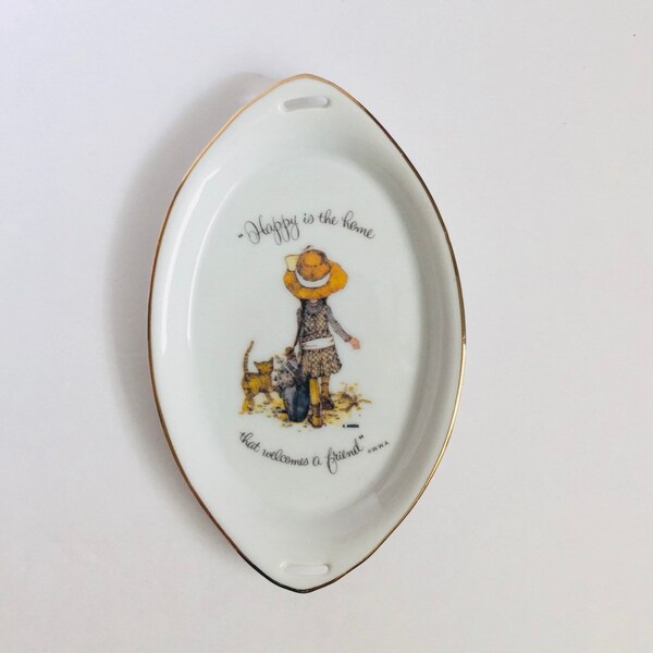 Vintage Holly Hobbie Porcelain Trinket Pin Dish Tray - Happy Is The Home That Welcomes a Friend