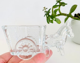 Vintage Glass Horse, Pony or Donkey With Open Cart -  Glass Horse Drawn Wagon - Toothpick, Jewelry or Plant Holder - Western Decor