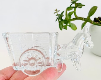Vintage Glass Horse, Pony or Donkey With Open Cart Drawn Wagon - Candy , Toothpick, Jewelry or Plant Holder - Western Decor