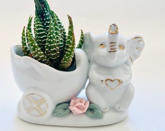 Elephant Planter, Candle or Jewelry Holder - White Ceramic Vintage Good Luck Trunk Up Elephant with Pink Flower & Baby Carriage