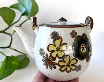 Vintage Stoneware Pottery Tea Pot With Flowers - Hand painted Floral  Otagiri Japan Speckled Tea Pot