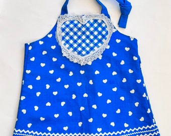 Vintage Girl’s Heart Blue & White Gingham Apron with Rick Rack Design - Made in USA for Art, Crafts, Cooking, Baking
