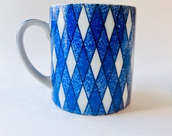 Vintage White Porcelain Blue and White Diamond Pattern Coffee Mug - Geometric Lines, Triangle, Diamond Pattern Blue White Mug