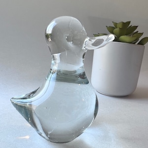 Vintage Glass Duck Figurine - Heavy Glass Duck Sculpture   - Glass Animal Paperweight -  Shelf, Office Decor