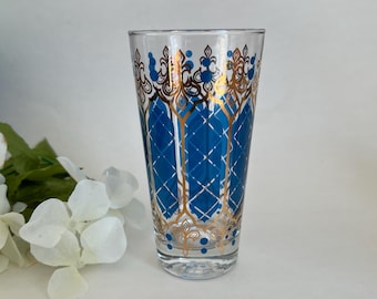 Vintage Flat Iced Tea Royal Blue Shield Design Made by Anchor Hocking  ,Mid Century  Drinking Glass, Tumbler With Gold Gilt