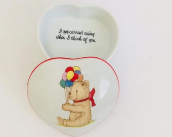Vintage White Porcelain Heart Shaped Lidded Jewelry Box With Teddy Bear Holding Balloons - I Get Carried Away When I Think Of You Bear Box