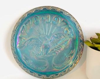 Vintage Glass American Bicentennial Commemorative Plate - 1976 Indiana Glass Blue Carnival Glass - American Eagle Plate