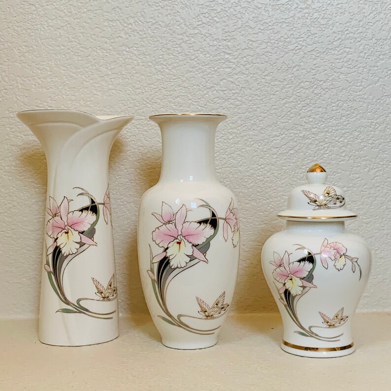 Fine China Flower Vases and Jar 3 Piece Set Pink Orchid & Etsy