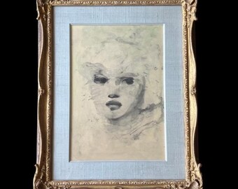 Reserved for GK Vintage Framed Female Monochromatic Surrealist portrait Signed Art By Leonor Fini