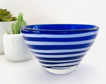 Vintage Cobalt Blue Candy Dish - Blue and White Stripes Glass Bowl - Glass Bowl , Centerpiece, Catch-all-Dish - Scandinavian Design Glass